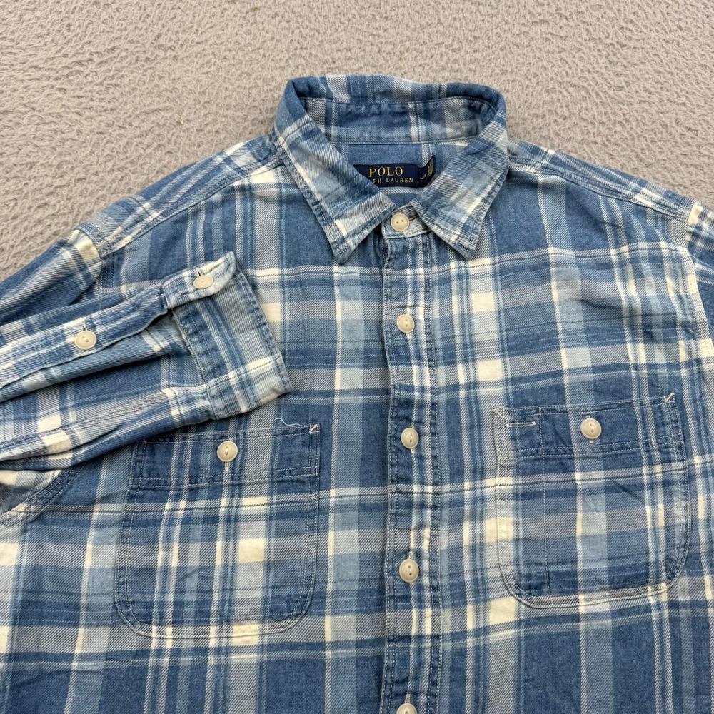 Polo Ralph Lauren Flannel Shirt Mens Large Blue Plaid Dual Pocket Long Sleeve